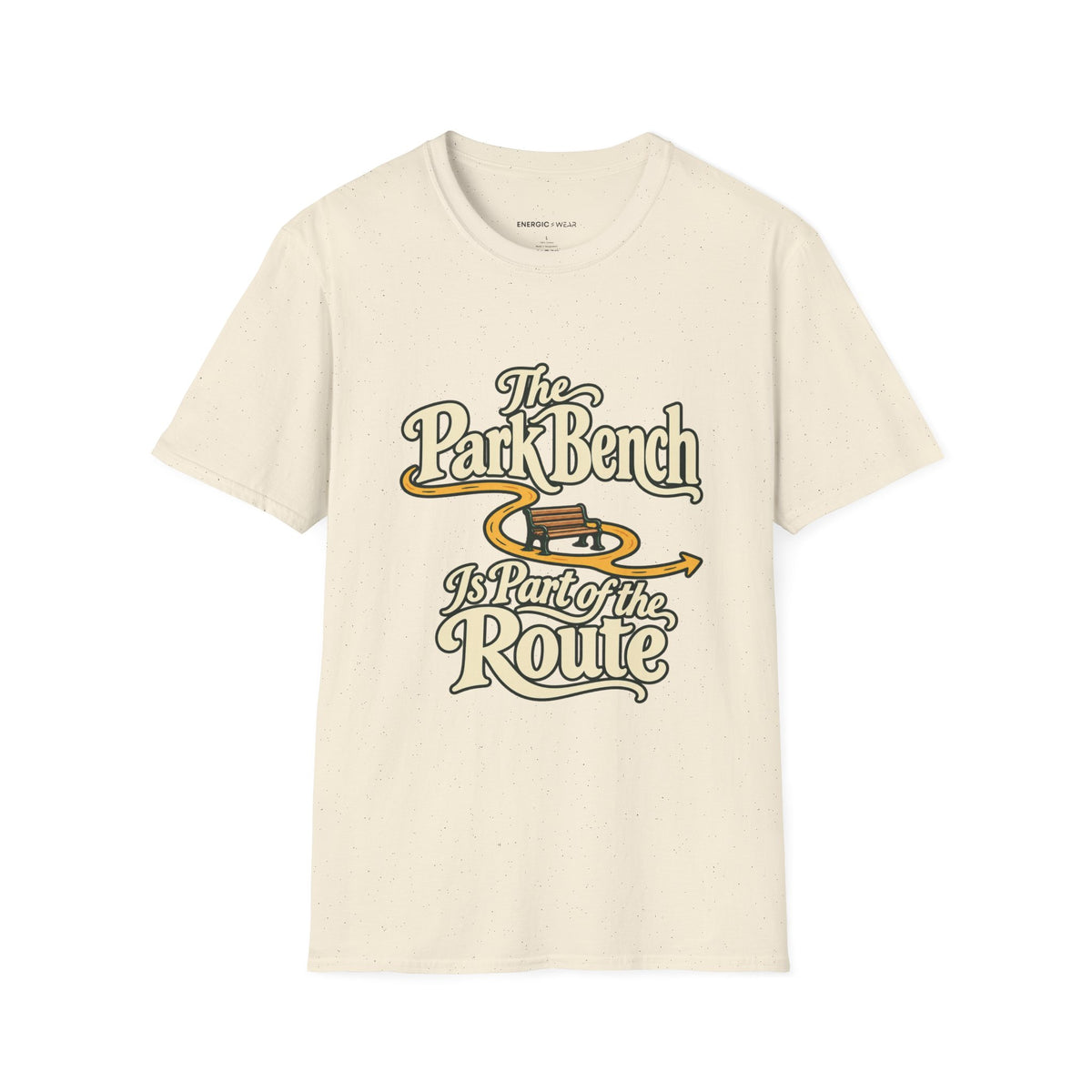 Graphic fitness T-shirt featuring the "The Park Bench Is Part of the Route" design.