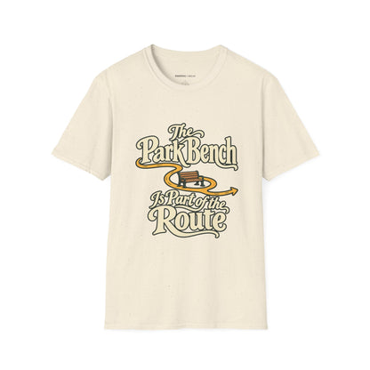 Graphic fitness T-shirt featuring the "The Park Bench Is Part of the Route" design.