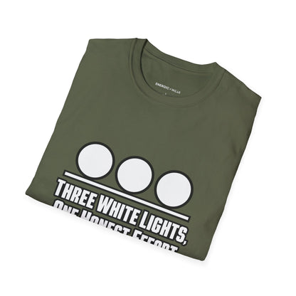 Graphic fitness T-shirt featuring the "Three White Lights One Honest Effort" design.
