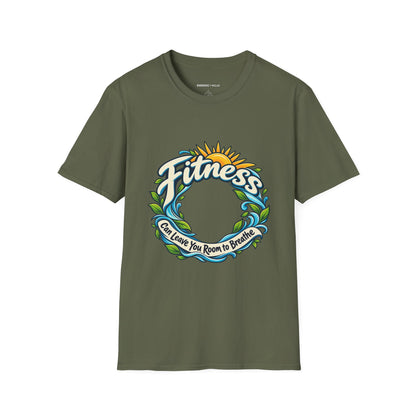 Graphic fitness T-shirt featuring the "Fitness Can Leave You Room to Breathe" design.