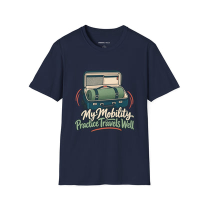 Graphic fitness T-shirt featuring the "My Mobility Practice Travels Well" design.