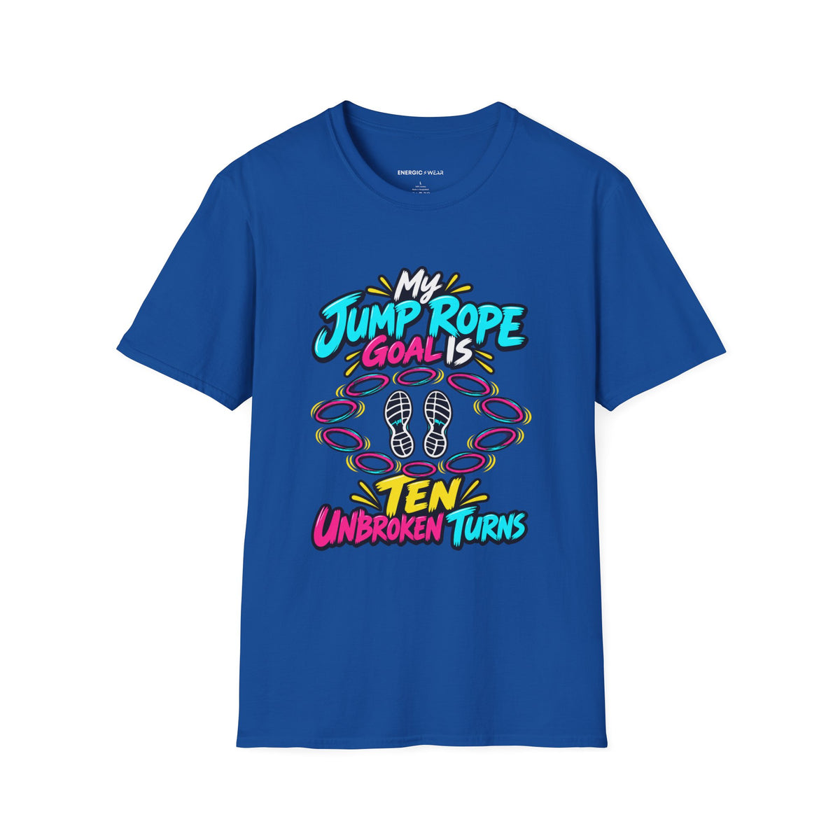 Graphic fitness T-shirt featuring the "My Jump Rope Goal Is Ten Unbroken Turns" design.