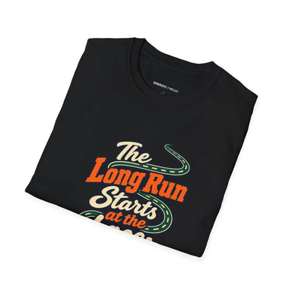 Graphic fitness T-shirt featuring the "The Long Run Starts at the Laces" design.