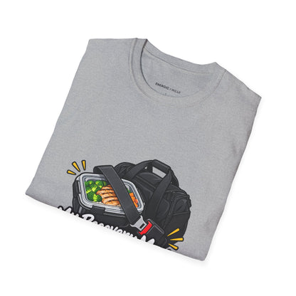 Graphic fitness T-shirt featuring the "My Recovery Meal Deserves a Seatbelt" design.