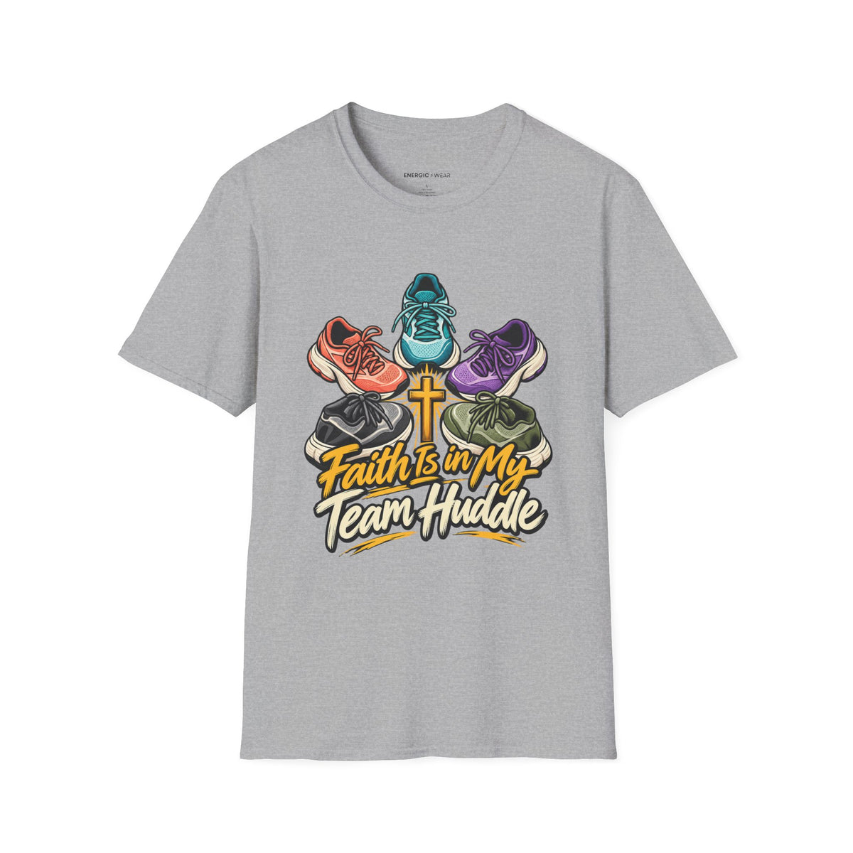 Graphic fitness T-shirt featuring the "Faith Is in My Team Huddle" design.