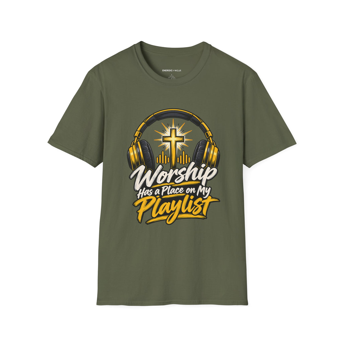 Graphic fitness T-shirt featuring the "Worship Has a Place on My Playlist" design.