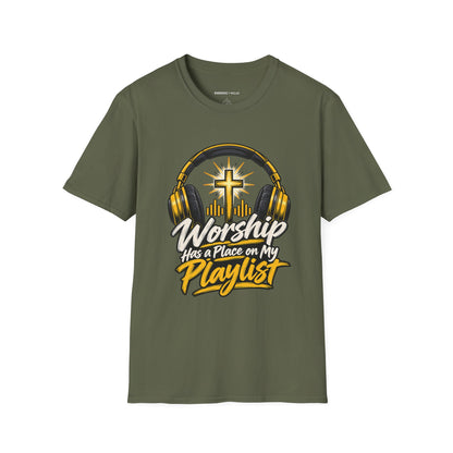 Graphic fitness T-shirt featuring the "Worship Has a Place on My Playlist" design.