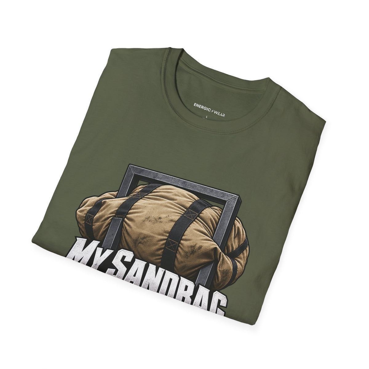 Graphic fitness T-shirt featuring the "My Sandbag Rearranges the Rules of Heavy" design.