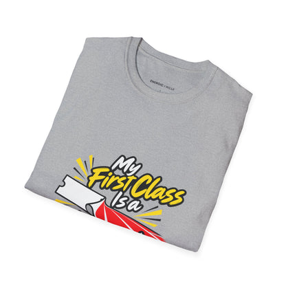 Graphic fitness T-shirt featuring the "My First Class Is a Starting Line" design.