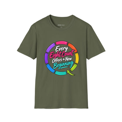 Graphic fitness T-shirt featuring the "Every Eight Count Offers a New Beginning" design.