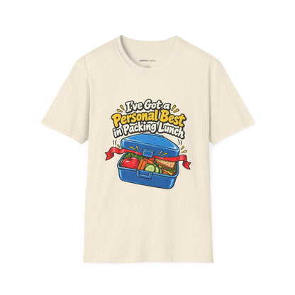 Graphic fitness T-shirt featuring the "I've Got a Personal Best in Packing Lunch" design.