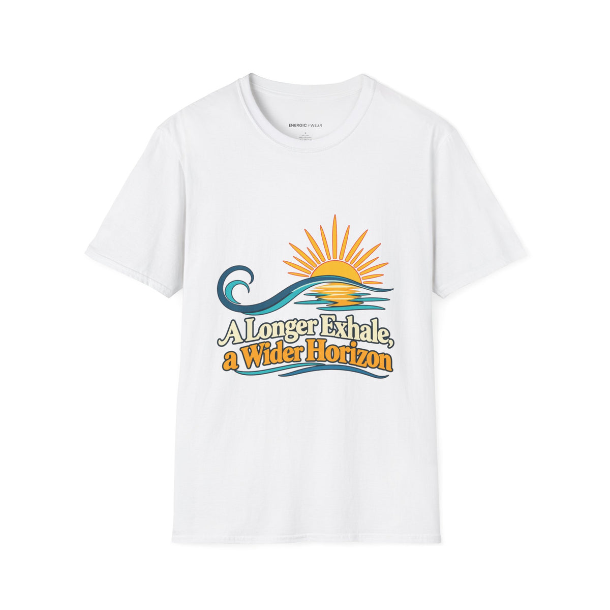 Graphic fitness T-shirt featuring the "A Longer Exhale a Wider Horizon" design.