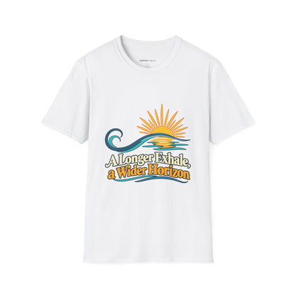 Graphic fitness T-shirt featuring the "A Longer Exhale a Wider Horizon" design.