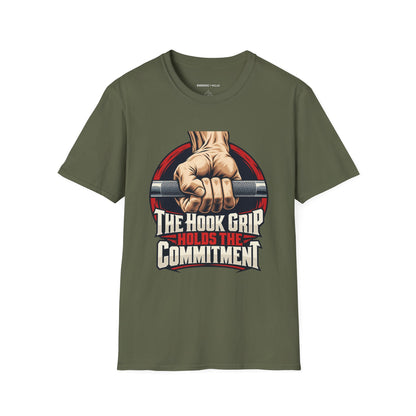 Graphic fitness T-shirt featuring the "The Hook Grip Holds the Commitment" design.