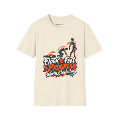 Graphic fitness T-shirt featuring the "Floor to Feet Is Progress Worth Celebrating" design.