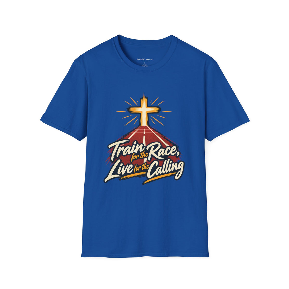 Graphic fitness T-shirt featuring the "Train for the Race Live for the Calling" design.
