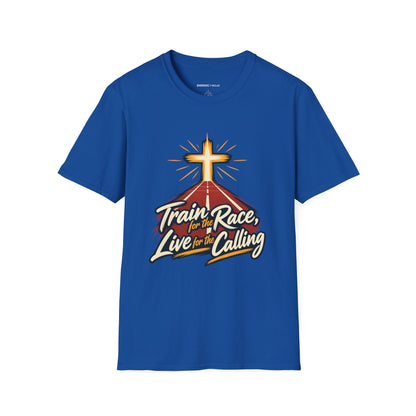 Graphic fitness T-shirt featuring the "Train for the Race Live for the Calling" design.