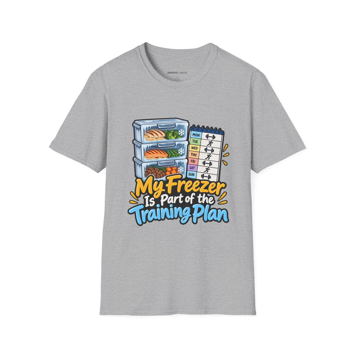 Graphic fitness T-shirt featuring the "My Freezer Is Part of the Training Plan" design.