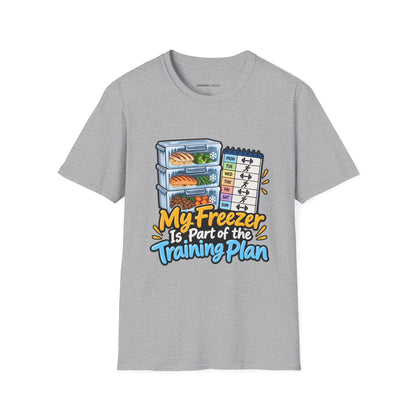 Graphic fitness T-shirt featuring the "My Freezer Is Part of the Training Plan" design.