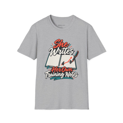 Graphic fitness T-shirt featuring the "She Writes Her Own Training Notes" design.
