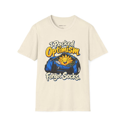 Graphic fitness T-shirt featuring the "I Packed Optimism Forgot Socks" design.