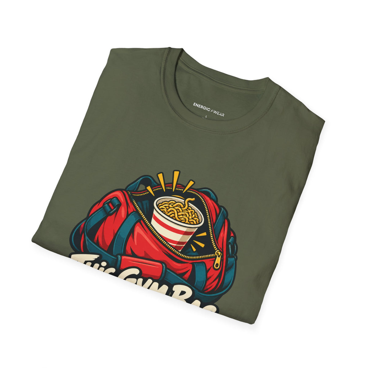 Graphic fitness T-shirt featuring the "This Gym Bag Contains Emergency Noodles" design.