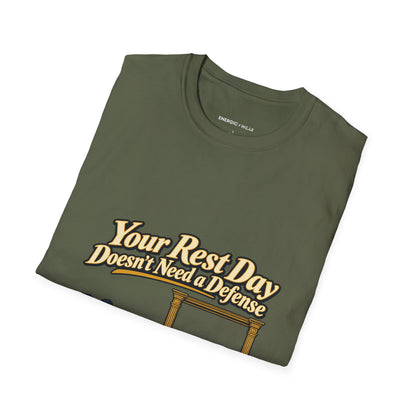 Graphic fitness T-shirt featuring the "Your Rest Day Doesn't Need a Defense" design.