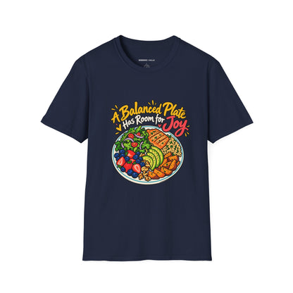 Graphic fitness T-shirt featuring the "A Balanced Plate Has Room for Joy" design.