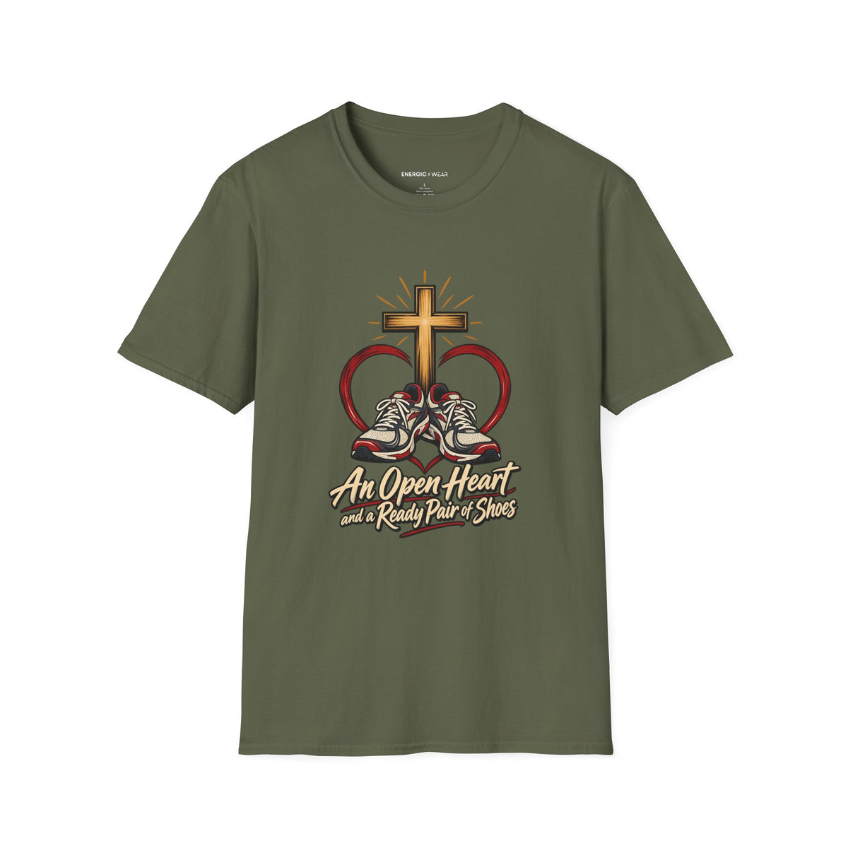 Graphic fitness T-shirt featuring the "An Open Heart and a Ready Pair of Shoes" design.