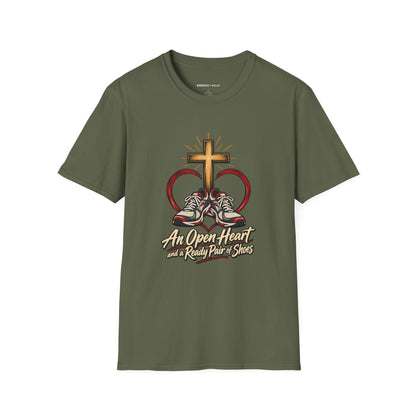 Graphic fitness T-shirt featuring the "An Open Heart and a Ready Pair of Shoes" design.