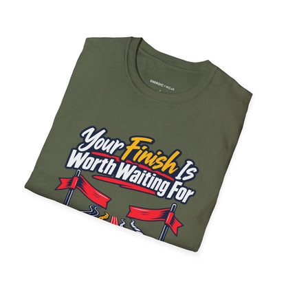 Graphic fitness T-shirt featuring the "Your Finish Is Worth Waiting For" design.