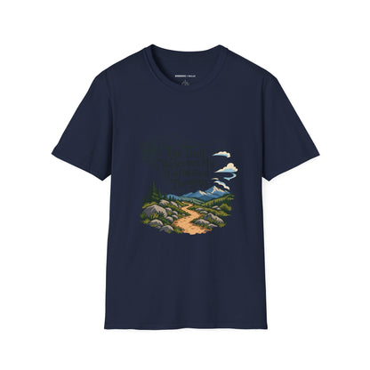 Graphic fitness T-shirt featuring the "The Trail Welcomes My Unfinished Thoughts" design.