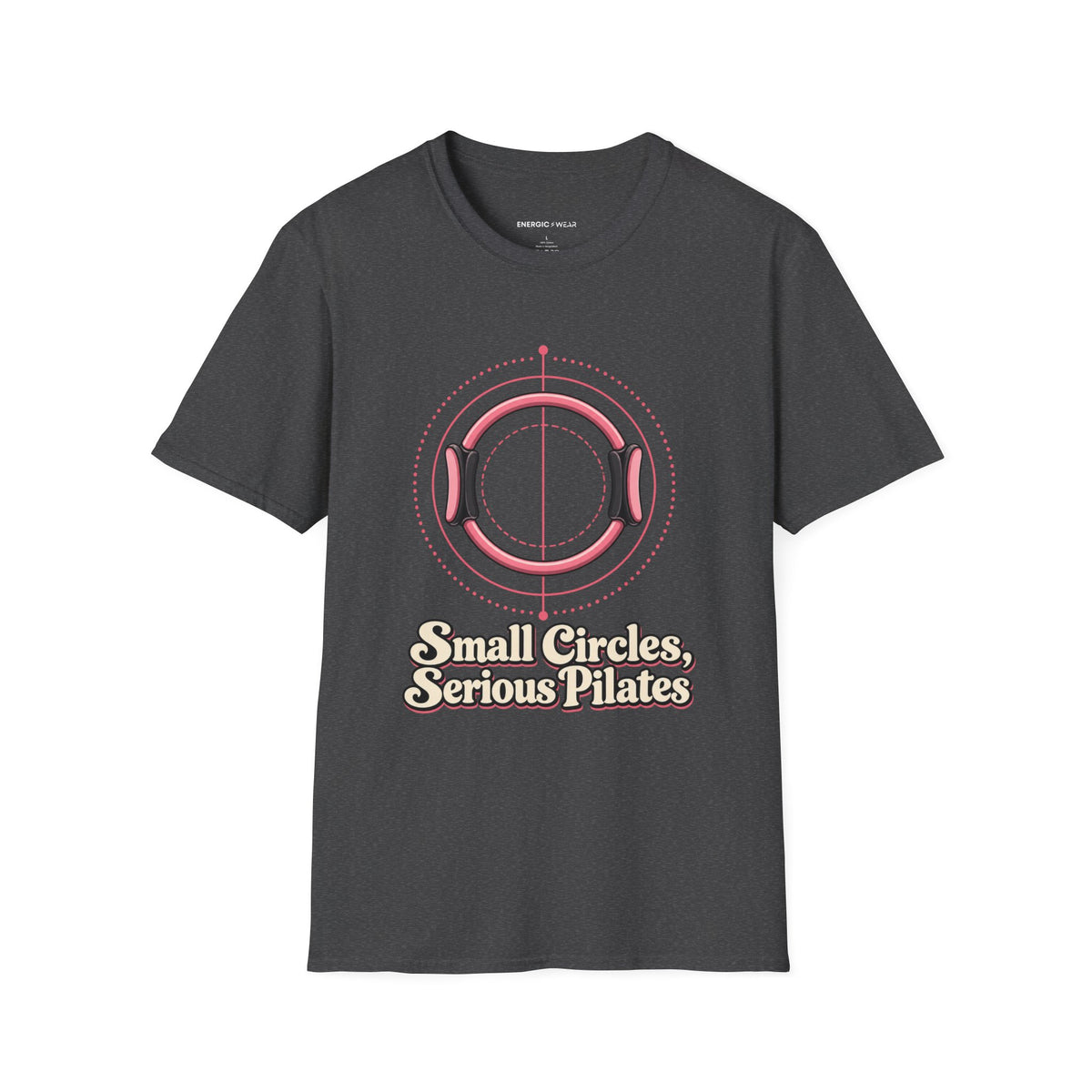 Graphic fitness T-shirt featuring the "Small Circles Serious Pilates" design.