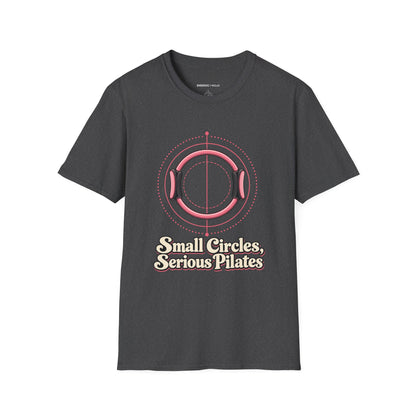 Graphic fitness T-shirt featuring the "Small Circles Serious Pilates" design.