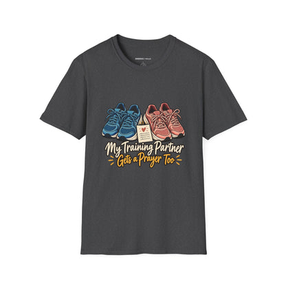Graphic fitness T-shirt featuring the "My Training Partner Gets a Prayer Too" design.