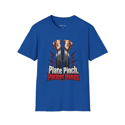 Graphic fitness T-shirt featuring the "Plate Pinch, Patient Hands" design.