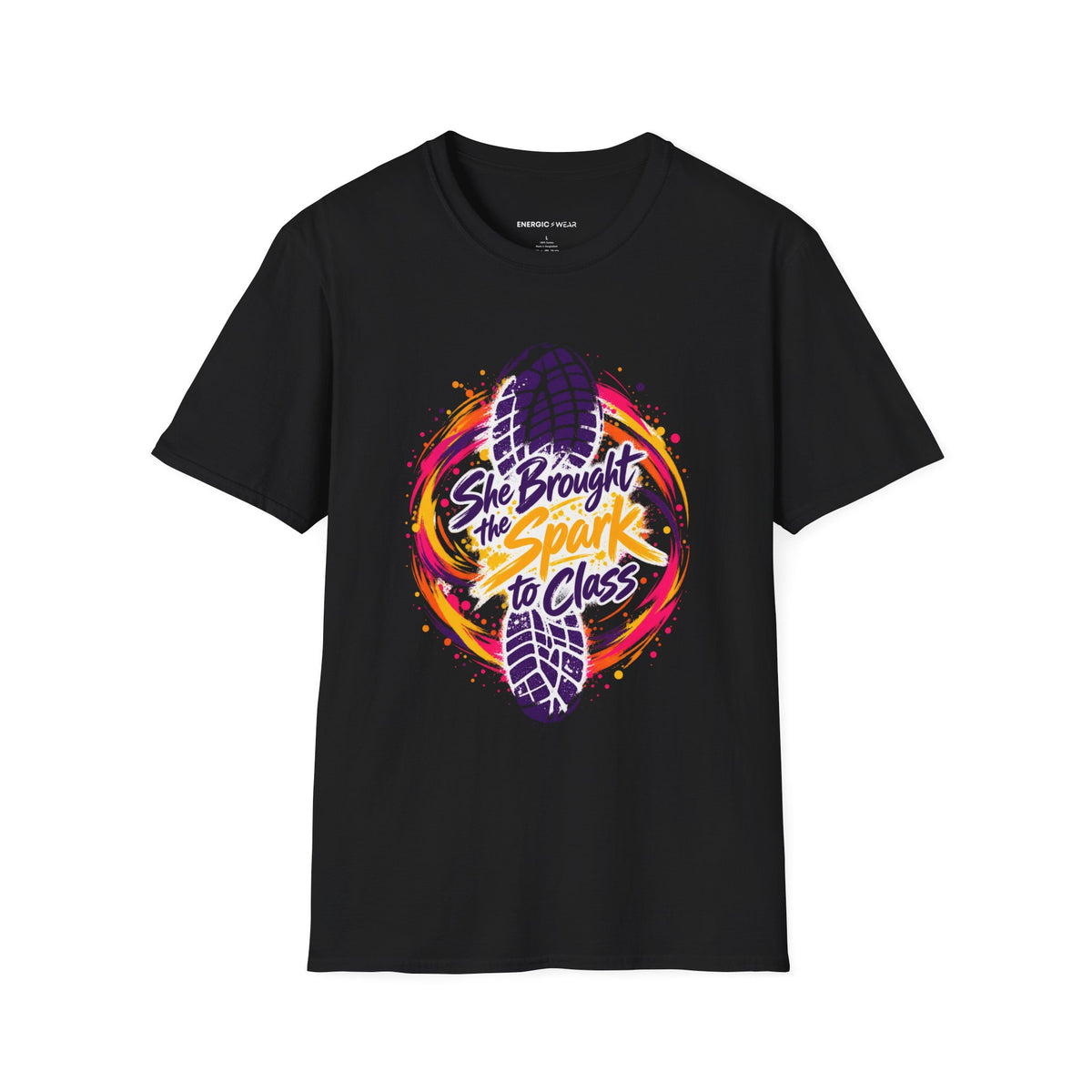 Graphic fitness T-shirt featuring the "She Brought the Spark to Class" design.