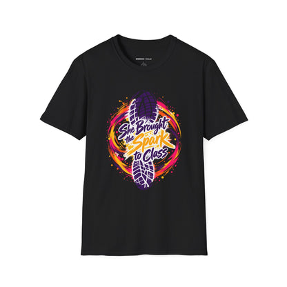 Graphic fitness T-shirt featuring the "She Brought the Spark to Class" design.
