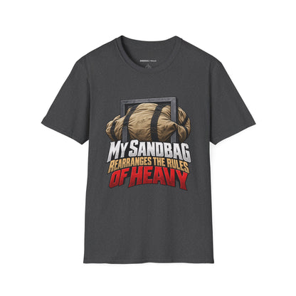 Graphic fitness T-shirt featuring the "My Sandbag Rearranges the Rules of Heavy" design.