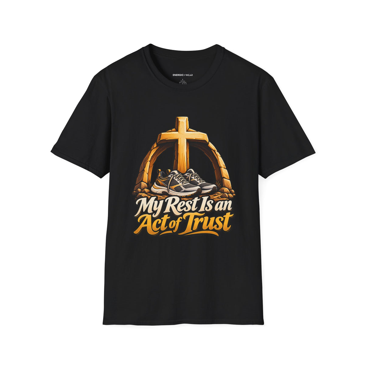 Graphic fitness T-shirt featuring the "My Rest Is an Act of Trust" design.