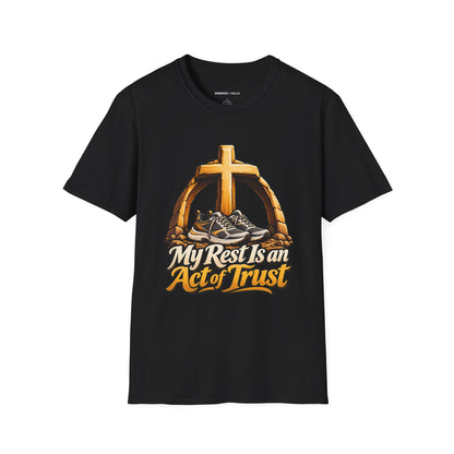 Graphic fitness T-shirt featuring the "My Rest Is an Act of Trust" design.