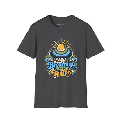 Graphic fitness T-shirt featuring the "My Breathing Sets the Tempo" design.