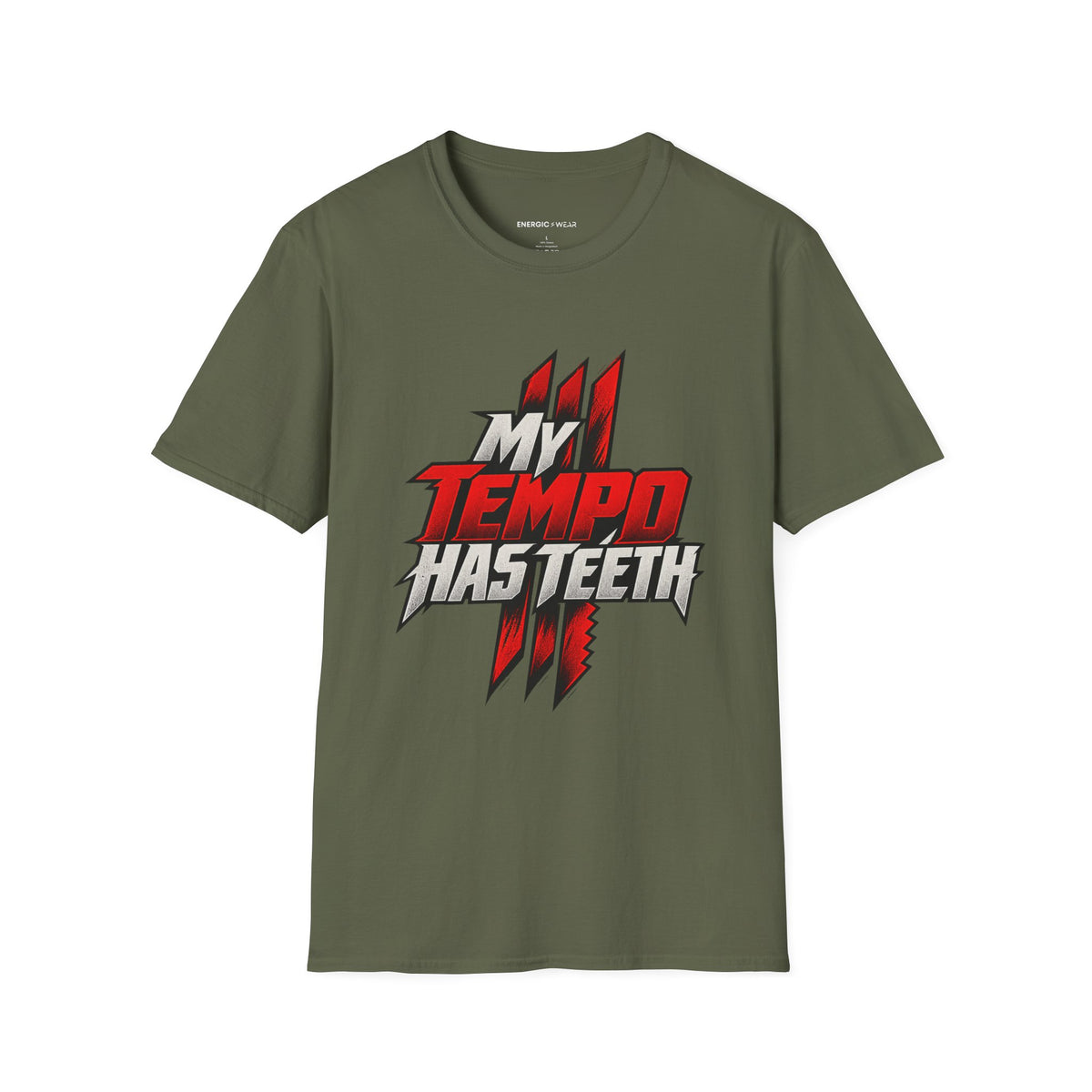 Graphic fitness T-shirt featuring the "My Tempo Has Teeth" design.