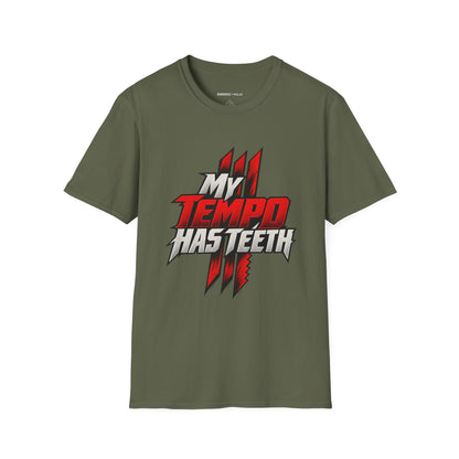Graphic fitness T-shirt featuring the "My Tempo Has Teeth" design.