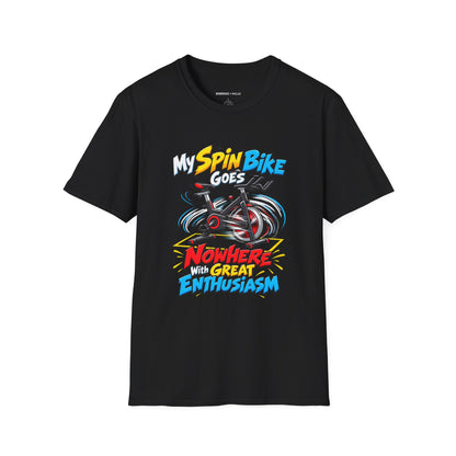 Graphic fitness T-shirt featuring the "My Spin Bike Goes Nowhere with Great Enthusiasm" design.
