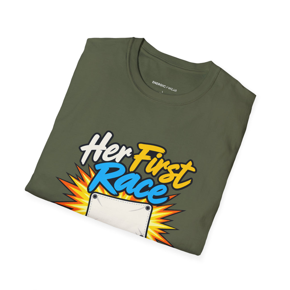 Graphic fitness T-shirt featuring the "Her First Race Deserves Full Volume" design.