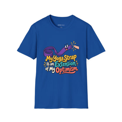 Graphic fitness T-shirt featuring the "My Yoga Strap Is an Extension of My Optimism" design.