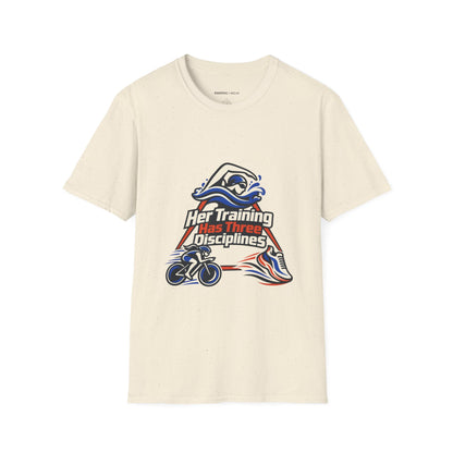 Graphic fitness T-shirt featuring the "Her Training Has Three Disciplines" design.