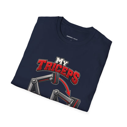 Graphic fitness T-shirt featuring the "My Triceps Finish What My Chest Starts" design.