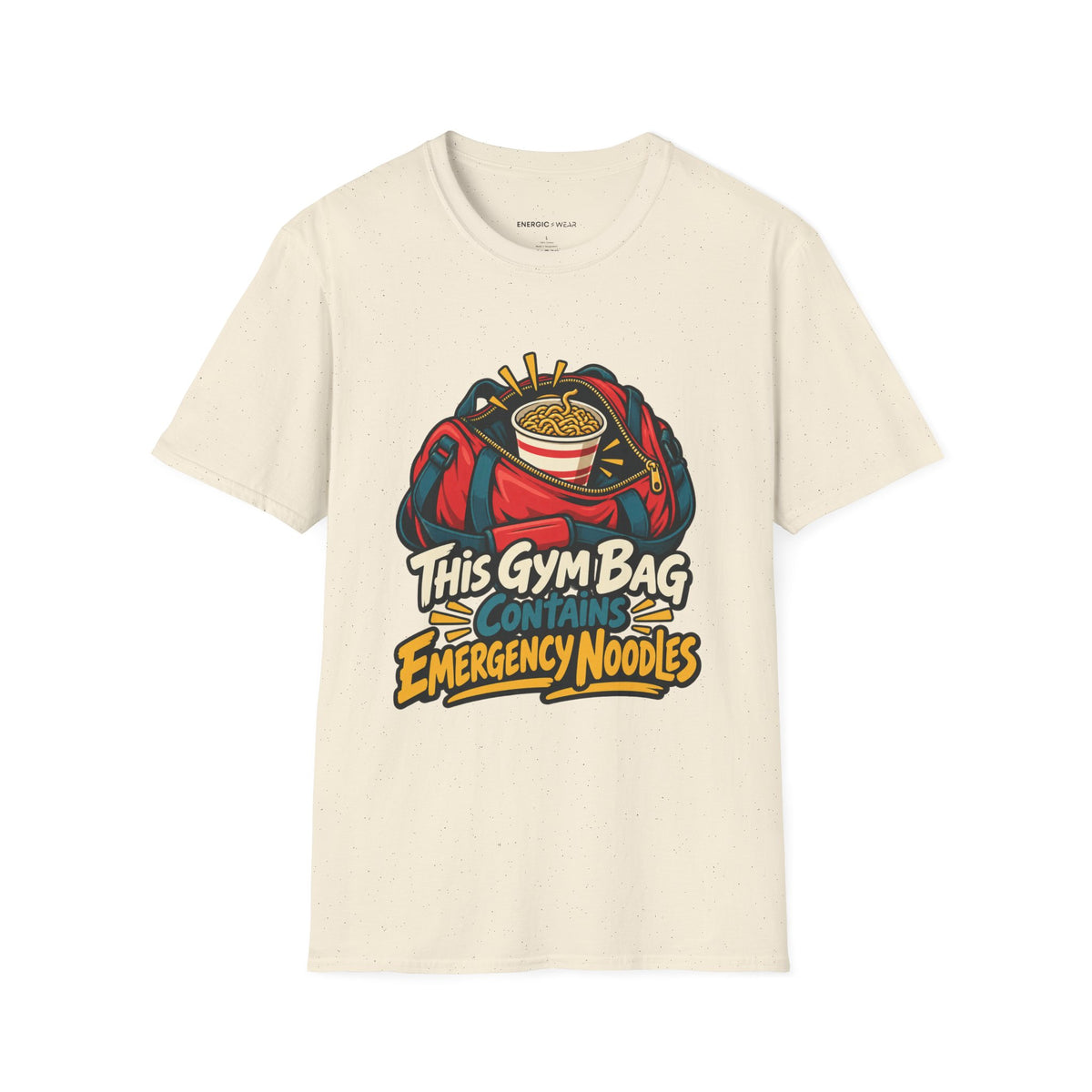 Graphic fitness T-shirt featuring the "This Gym Bag Contains Emergency Noodles" design.